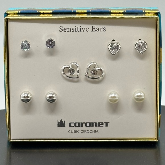 Box Set 5 Pairs Silver Stud Earrings Hearts - Picture 3 of 15